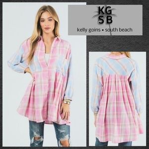 DAVI & DANI Lux Cotton Pleated Detailed Button Up Plaid Shirt Dress W/Pockets